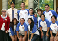 With Campus Provost Alison Galloway, in red, and student volunteers during move-in, September 17, 2010.
